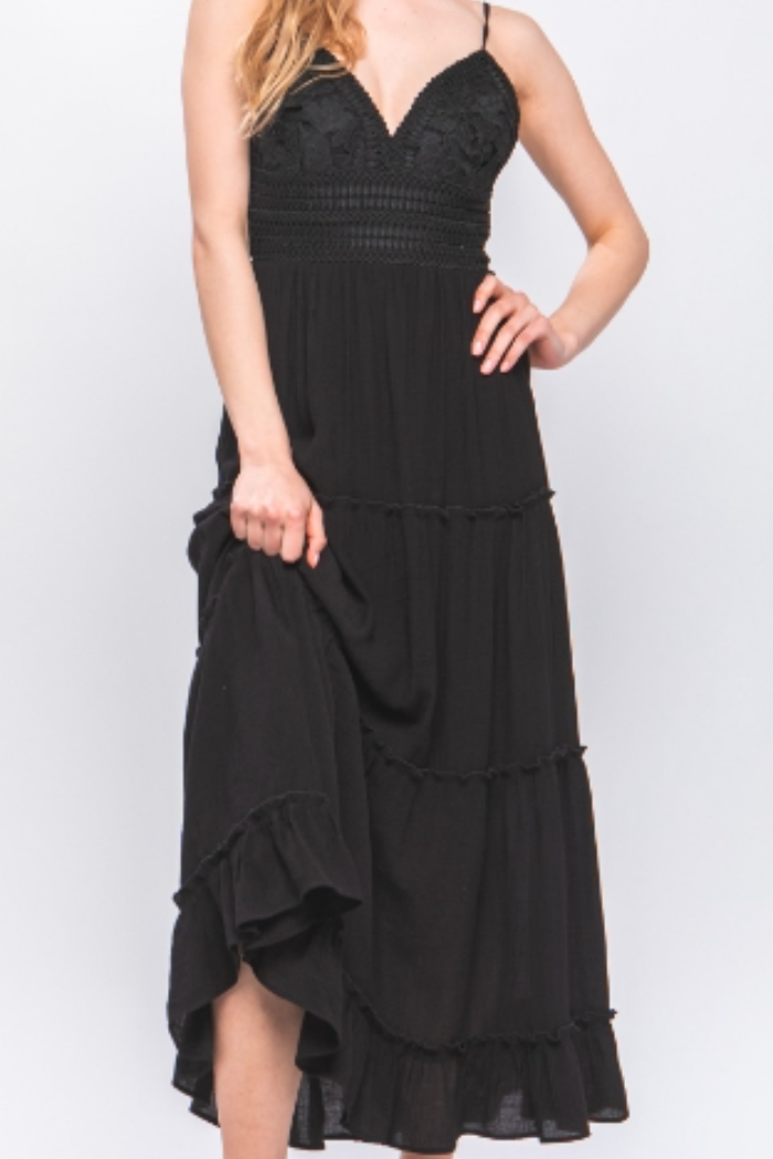 Lace Design Tiered Maxi Dress in Black