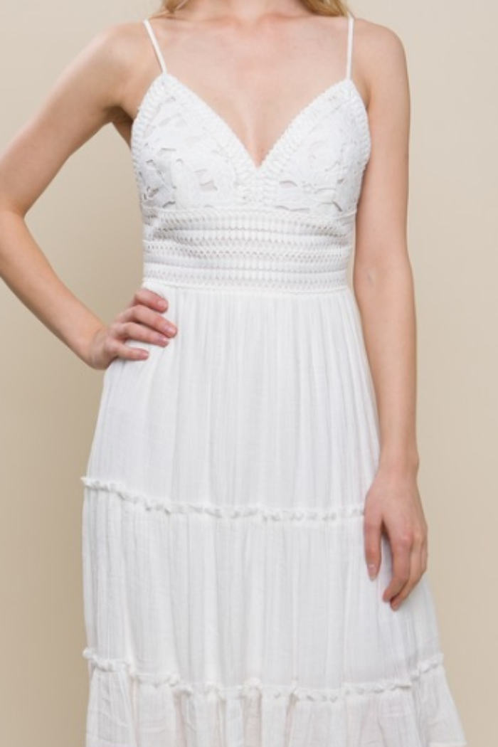 Lace Design Tiered Short Dress in White