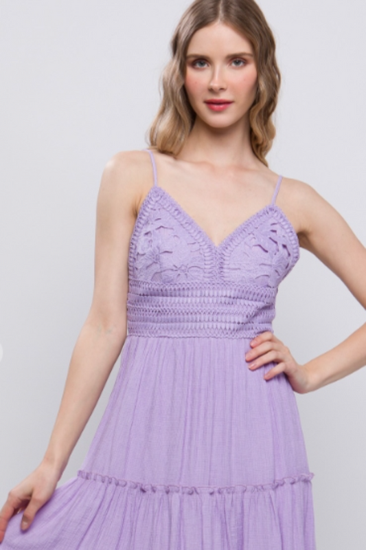 Lace Design Tiered Short Dress in Lavendar