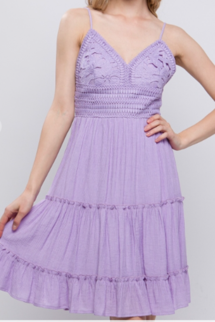 Lace Design Tiered Short Dress in Lavendar