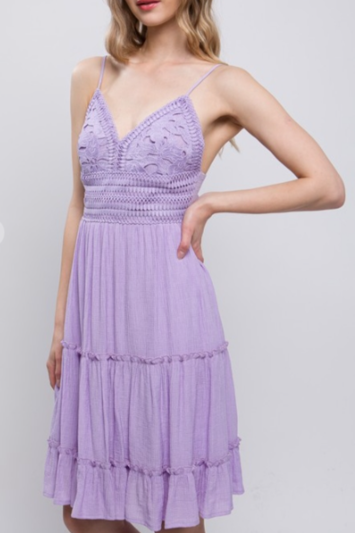 Lace Design Tiered Short Dress in Lavendar