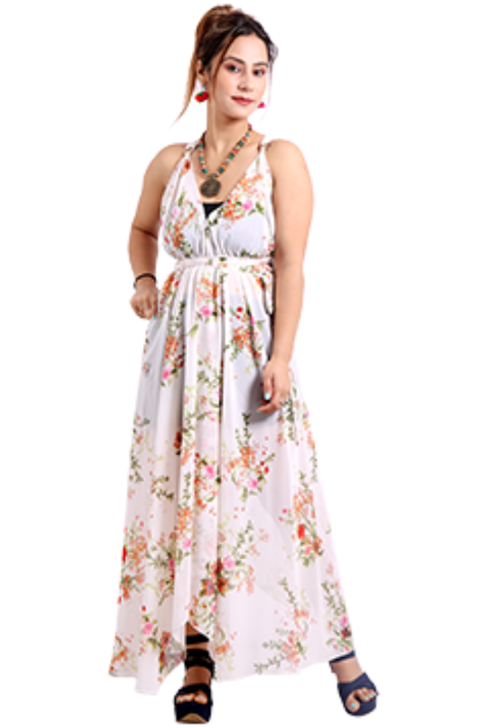 Sheer Halter Coverup/Dress in White Floral Print