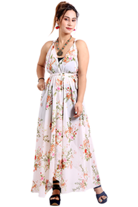 Sheer Halter Style CoverUp-Dress in White Floral Print