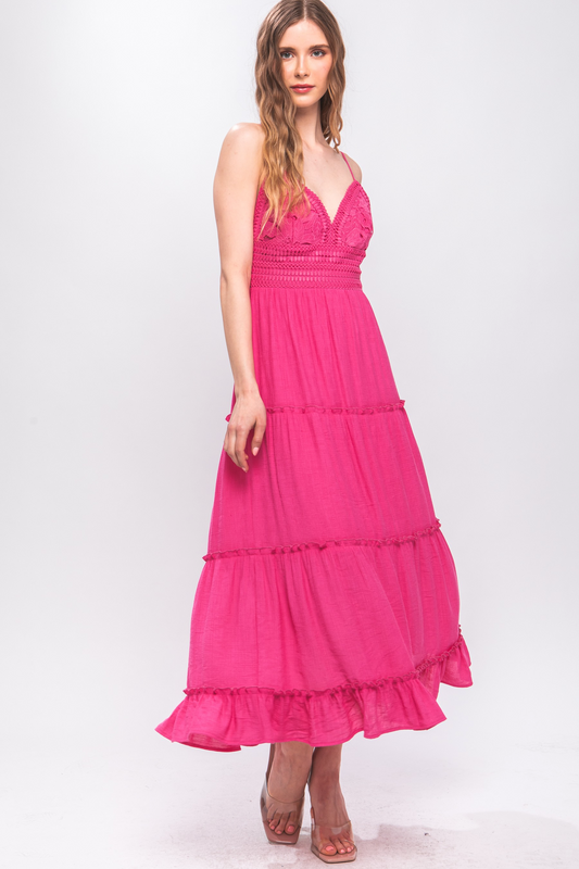 Lace Design Tiered Maxi Dress in Fuchsia