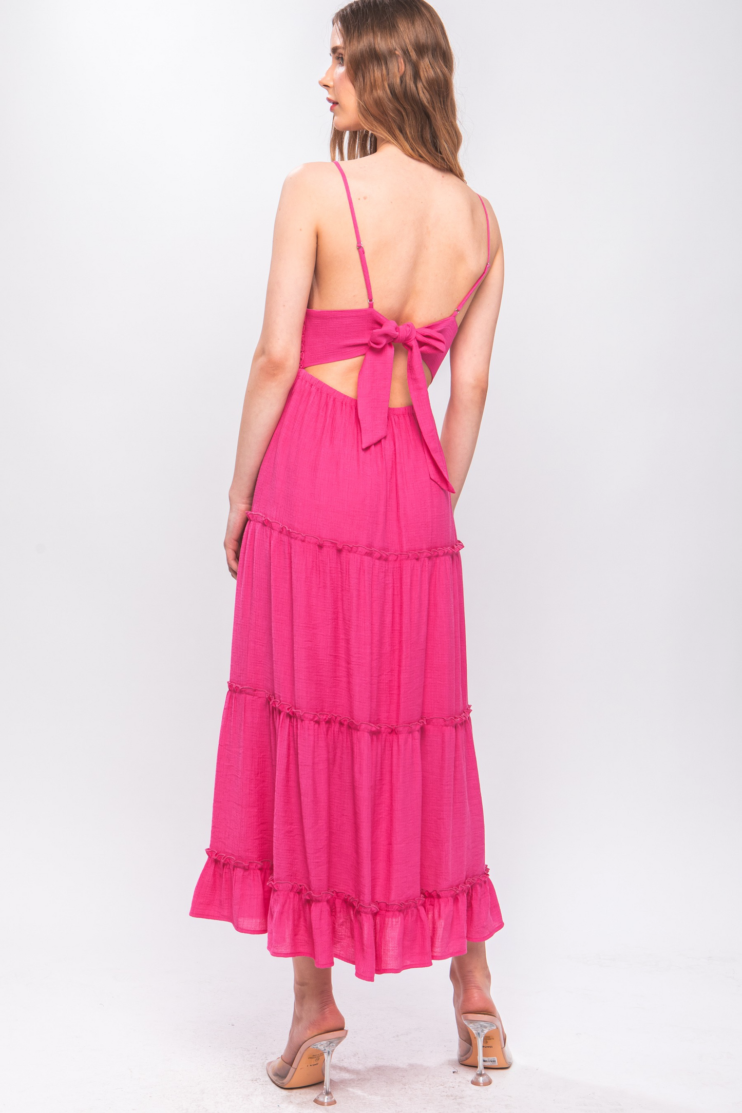 Lace Design Tiered Maxi Dress in Fuchsia