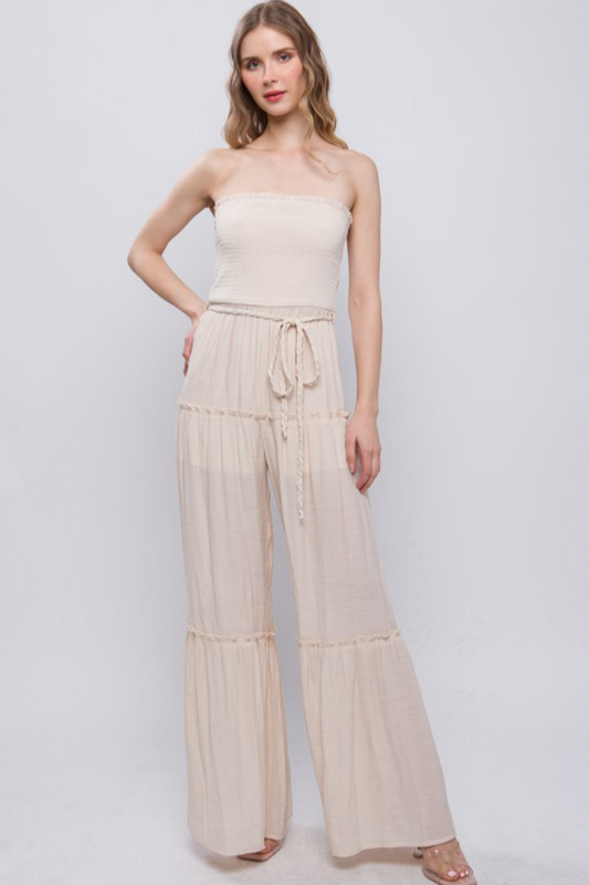 Smocked Ruffle Inspired Jumpsuit in White