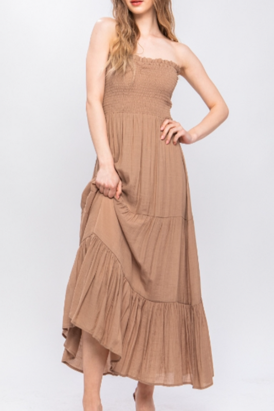 Smock Top Long Tiered Maxi Dress in Clay.