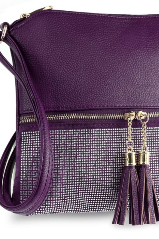 Tassel Accented Rhinestone Crossbody Sling in Purple