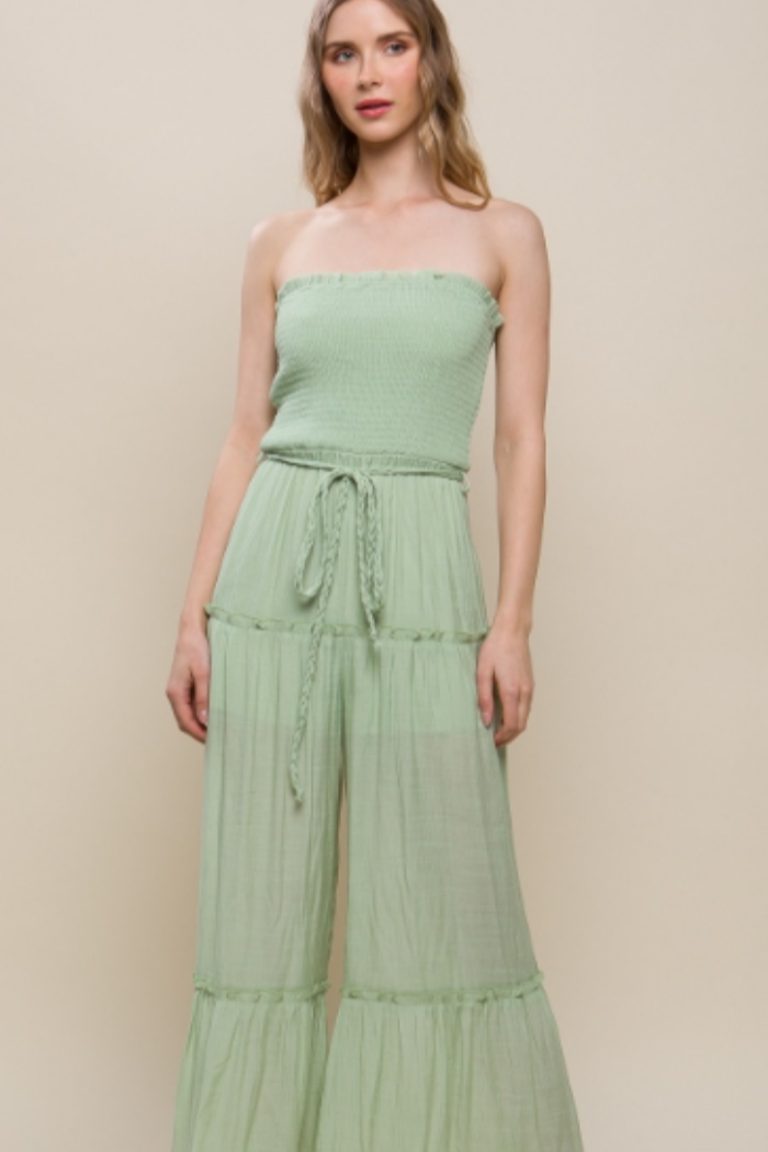 Smocked Ruffle Inspired Jumpsuit in Celery