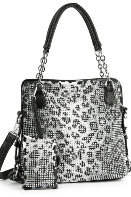 Rhinestone Covered Leopard Print Shoulder Bag