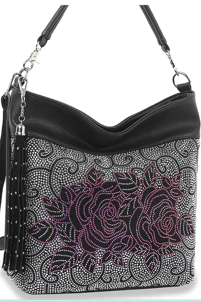 Floral Design Rhinestone Hobo Handbag