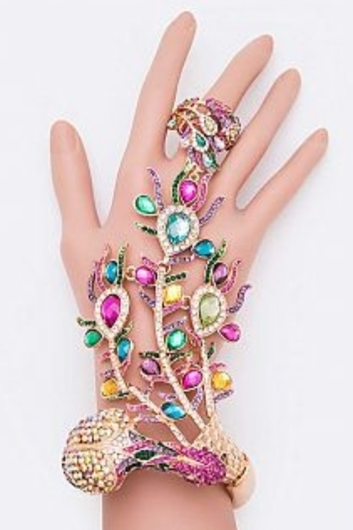 Peacock Inspired Crystal Statement Palm Bracelet