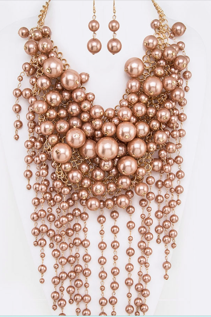 Head Turner Necklace Set in Layered Champagne Pearls
