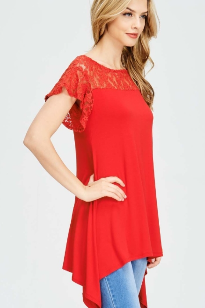 Short Lace Flutter Sleeve Tunic Top