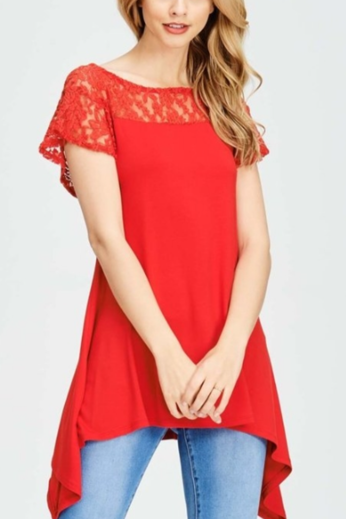 Short Lace Flutter Sleeve Tunic Top