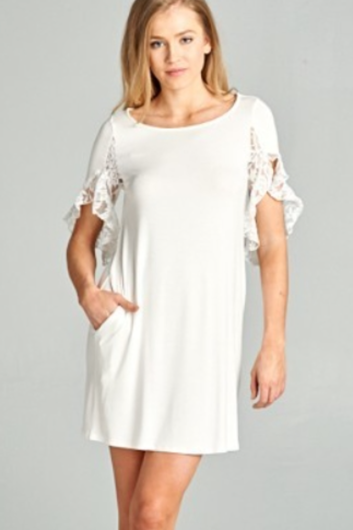 Jersey Tunic Dress with Floral Lace Detail Flutter Sleeve