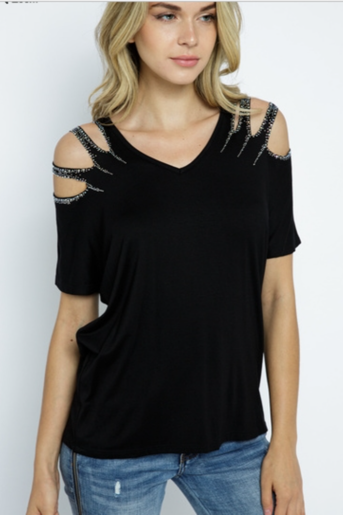 Short Sleeve Top with Laser Cut-Out Shoulder and Stone Detail