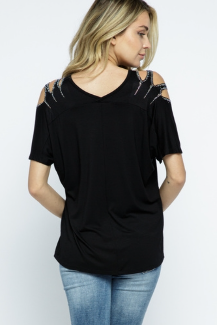 Short Sleeve Top with Laser Cut-Out Shoulder and Stone Detail