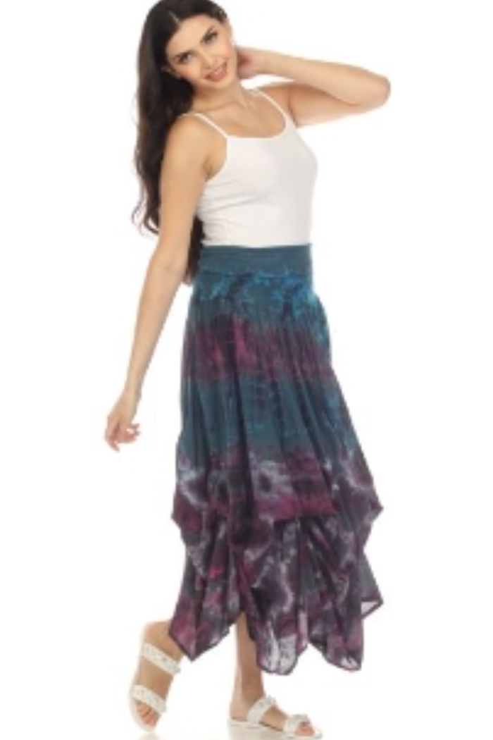 Midi Cotton Bubble Skirt in Teal Multi Tye Dye