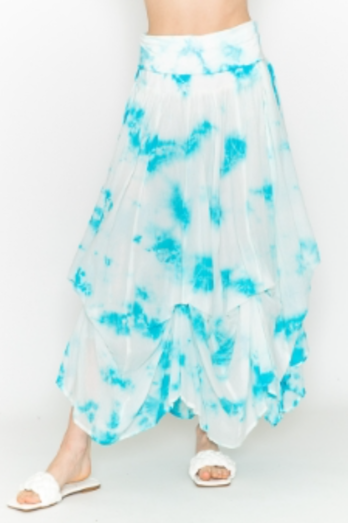 Midi Cotton Bubble Skirt in White/Turquoise Tie Dye