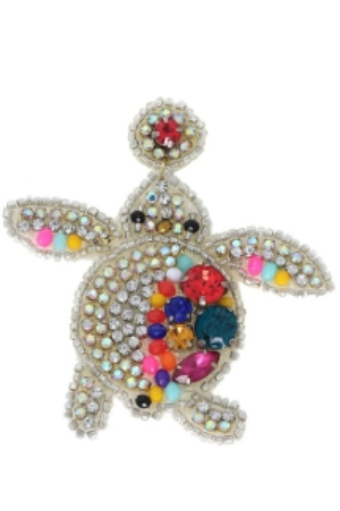 Seed Beaded Bejeweled Turtle Drop Post Earrings