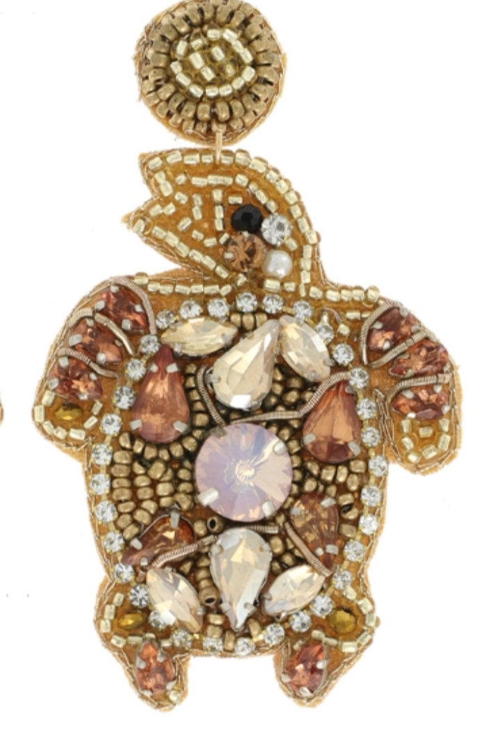 Gold Seed Beads & Bejeweled Sea Turtle Drop Post Earrings