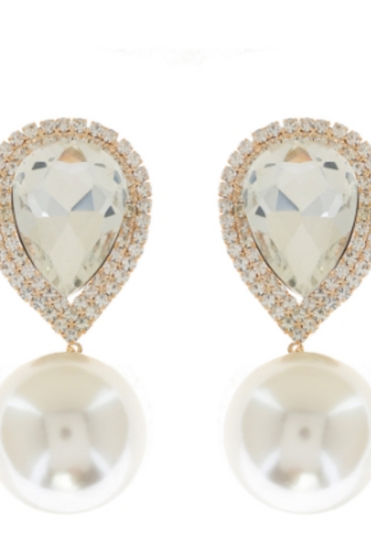 2-Tier Crystal Rhinestone Teardrop and Synthetic Pearl Clip-On Earring