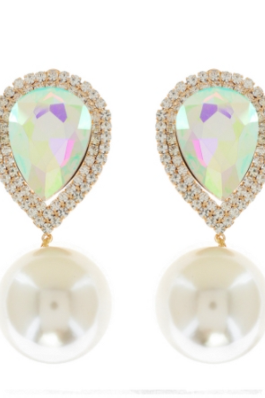 2-Tier AB Crystal Rhinestone Teardrop and Synthetic Pearl Clip-On Earring