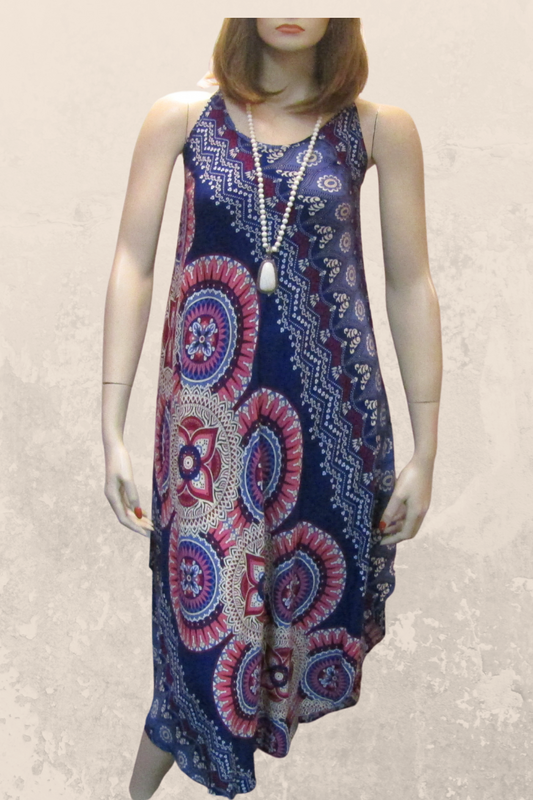 Mandala Print Sleeveless Dress - Blue/Red