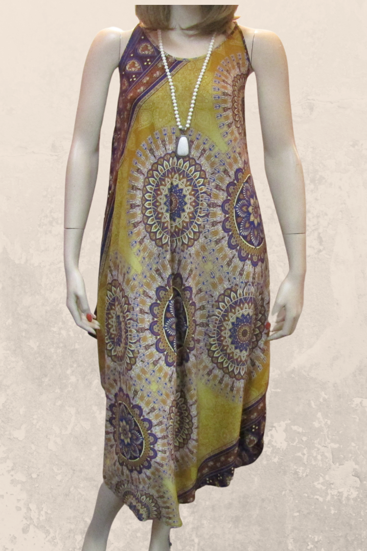 Mandala Print Sleeveless Midi Dress - Mustard Print
