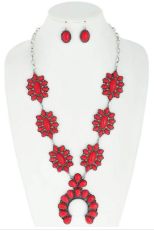 Squash Blossom Necklace Set in Red Cabochon