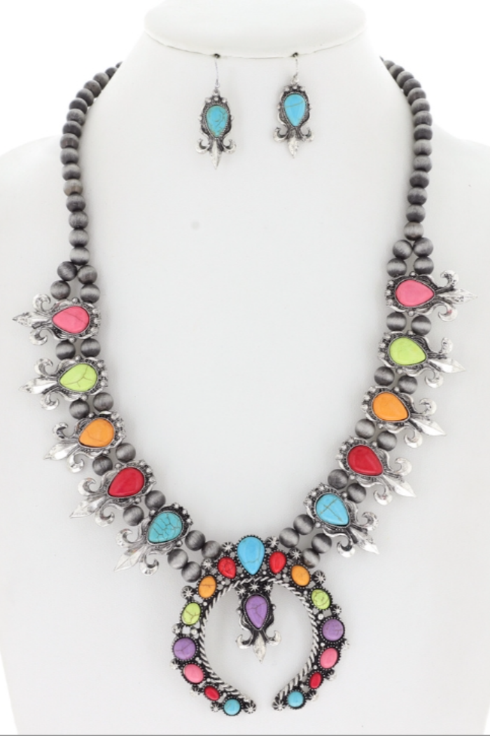 Western Turquoise Semi-Stone Squash Blossom  Necklace & Earring Set