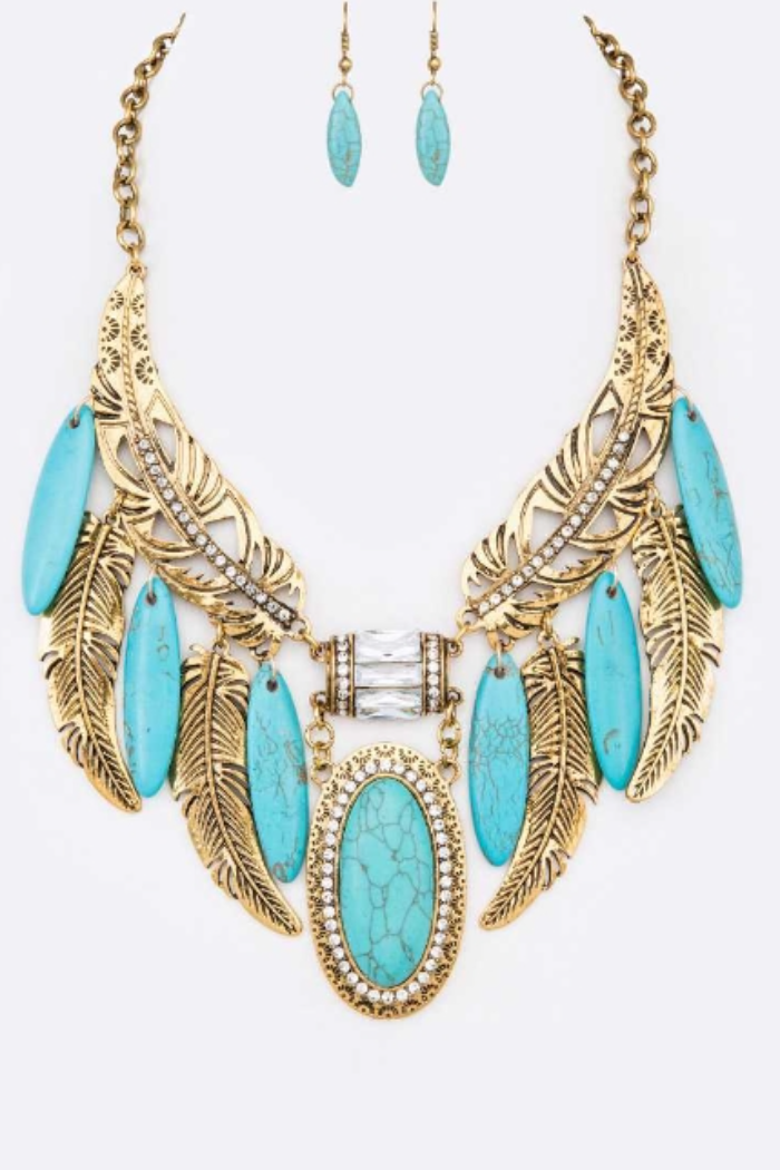 Turquoise Drop Metal Feather Statement Necklace Set
