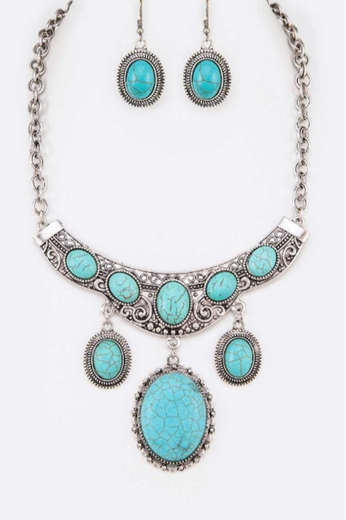 Oval Turquoise Drop Statement Necklace Set