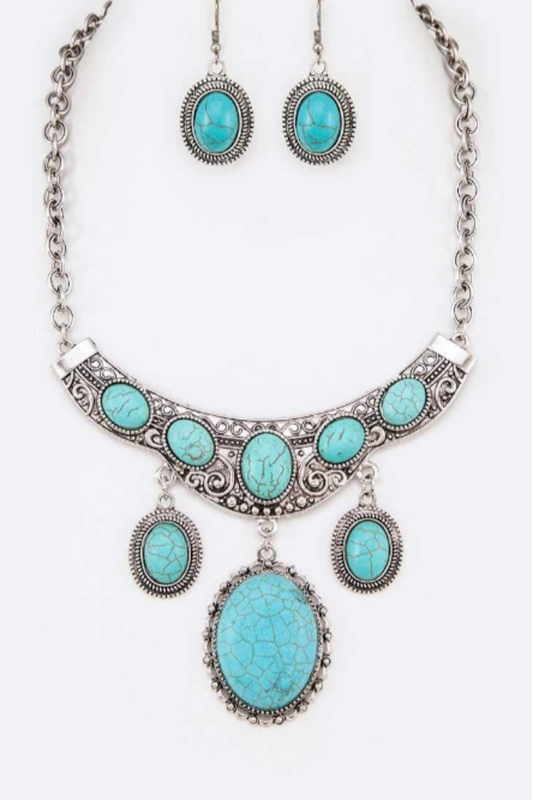 Oval Turquoise Drop Statement Necklace Set