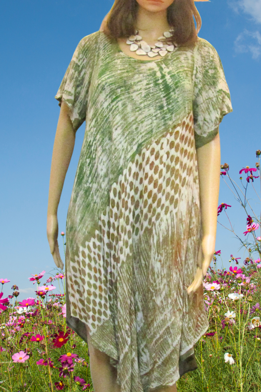 Green Tie Dye with Sleeve Midi Length Bias Cut Dress