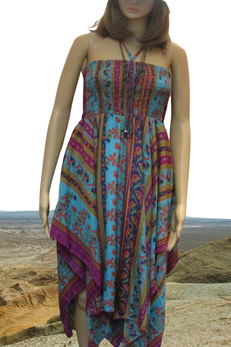 Silky Satiny Smocked Top Layered Midi Dress in Turquoise/Magenta Print
