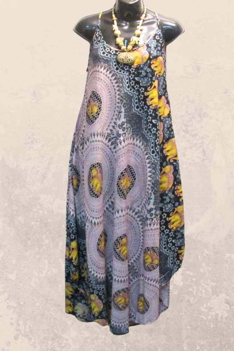 Mandala Print Sleeveless Midi Dress - Elephant Ivory/Charcoal