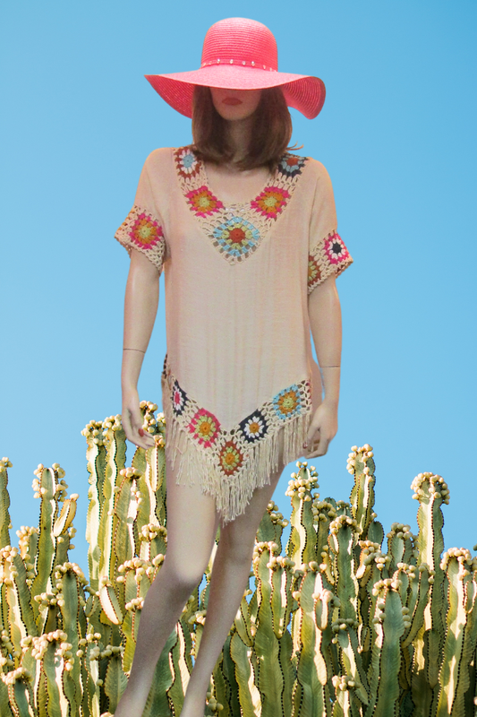 Fringed Tunic Top with Multi-Color Crochet Trim - Beige