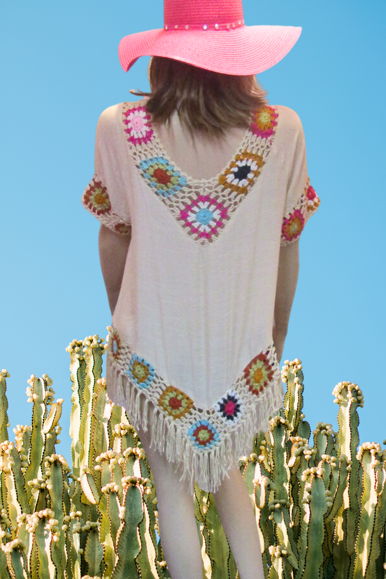 Fringed Tunic Top with Multi-Color Crochet Trim - White