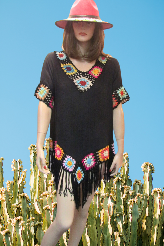 Fringed Tunic Top with Multi-Color Crochet Trim - Black