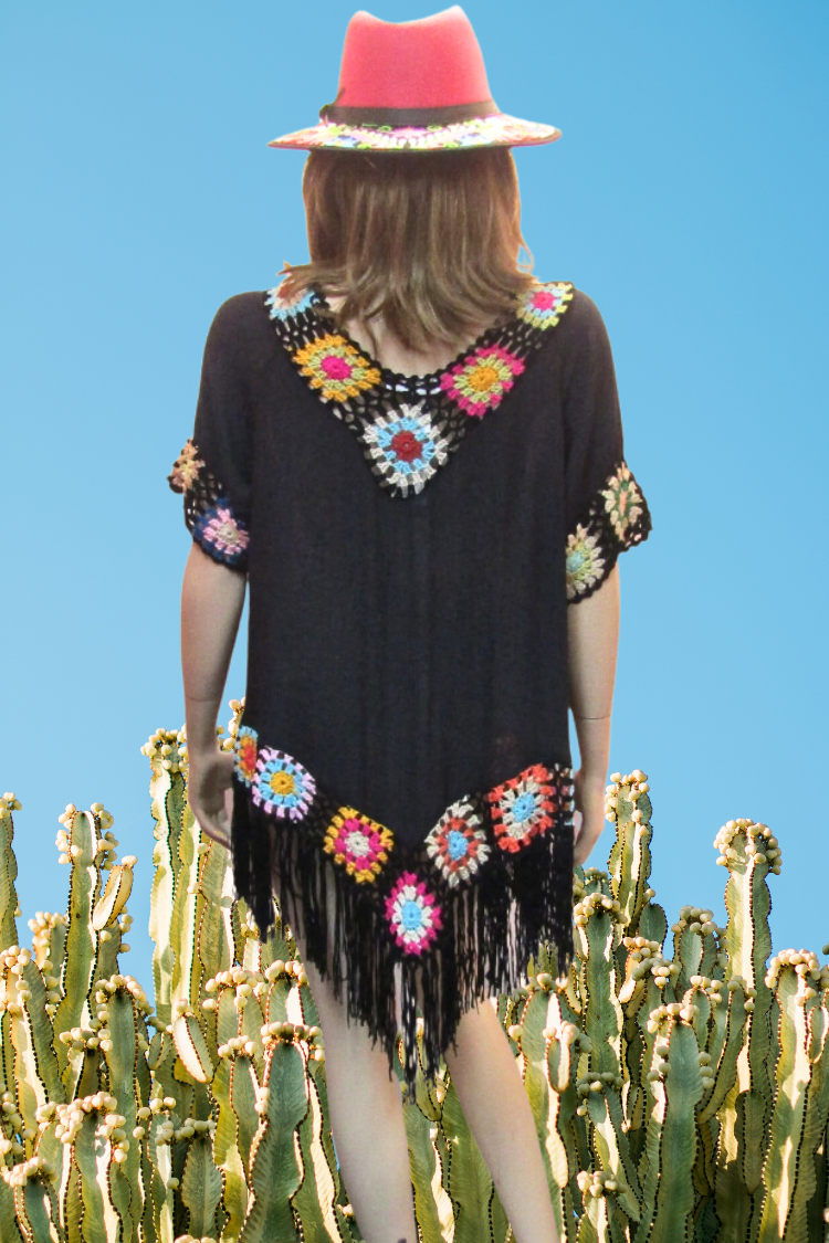 Fringed Tunic Top with Multi-Color Crochet Trim - Black