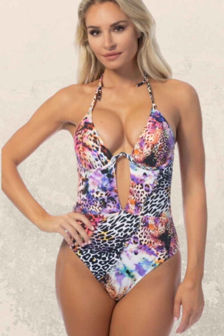 Purple Tropical and Leopard Print One-Piece Swimsuit