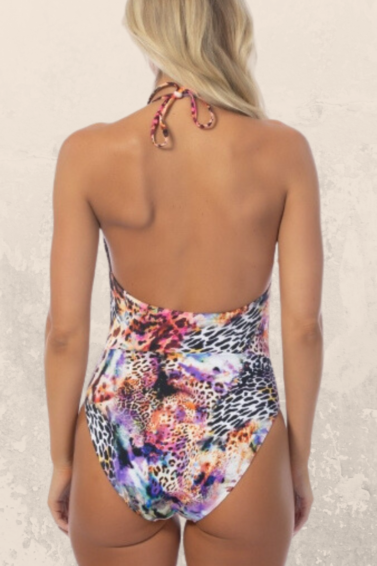 Purple Tropical and Leopard Print One-Piece Swimsuit
