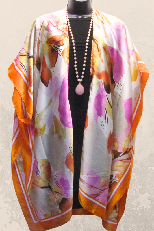 Boho Style Kimono with a  Floral Splash of Orange & Pinks
